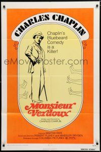 2h641 MONSIEUR VERDOUX 1sh R72 Charlie Chaplin's Bluebeard comedy is a killer!