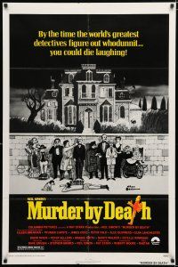 2h651 MURDER BY DEATH 1sh '76 great Charles Addams art of cast by dead body & spooky house!