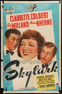 2h802 SKYLARK style A 1sh '41 great art of Claudette Colbert between Ray Milland & Brian Aherne!