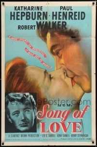 2h817 SONG OF LOVE 1sh '47 art of Katharine Hepburn & Paul Henreid kissing + Robert Walker!
