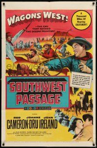 2h822 SOUTHWEST PASSAGE 1sh '54 cool image of Rod Cameron with whip, battle w/Native Americans!