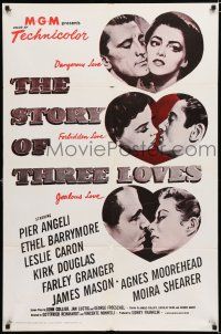 2h852 STORY OF THREE LOVES 1sh R67 Kirk Douglas, Pier Angeli, Leslie Caron, Granger, Mason