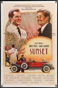 2h862 SUNSET 1sh '88 great Drew Struzan art of Bruce Willis & James Garner!