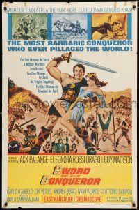 2h870 SWORD OF THE CONQUEROR 1sh '62 great art of Jack Palance as barbarian holding sexy girl!