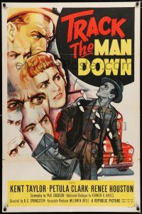 2h919 TRACK THE MAN DOWN 1sh '55 cool art of detective Kent Taylor tracing footsteps, Petula Clark