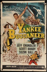 2h987 YANKEE BUCCANEER 1sh '52 art of barechested pirate Jeff Chandler swinging on rope w/gun!