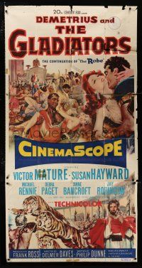 2j697 DEMETRIUS & THE GLADIATORS 3sh '54 Victor Mature & Susan Hayward in sequel to The Robe!