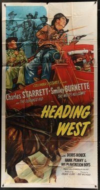 2j764 HEADING WEST 3sh '46 art of Charles Starrett & Smiley Burnette shooting guns from stagecoach!