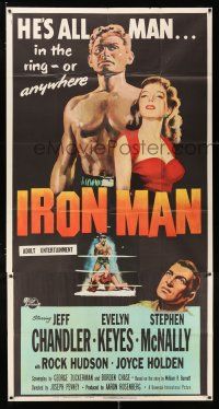 2j798 IRON MAN 3sh '51 barechested boxer Jeff Chandler with Evelyn Keyes & in boxing ring!