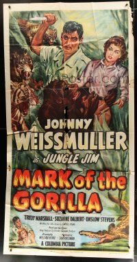 2j844 MARK OF THE GORILLA 3sh '51 cool art of Johnny Weissmuller as Jungle Jim attacking ape!
