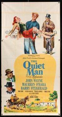 2j885 QUIET MAN 3sh '52 art of John Wayne carrying Maureen O'Hara, John Ford classic!