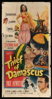 2j952 THIEF OF DAMASCUS 3sh '52 Paul Henreid, sexy full-length Elena Verdugo, Arabian Nights!