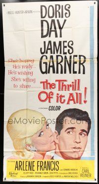 2j958 THRILL OF IT ALL 3sh '63 wonderful artwork of pretty Doris Day kissing James Garner!