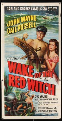 2j977 WAKE OF THE RED WITCH 3sh R52 art of barechested John Wayne & Gail Russell at ship's wheel!