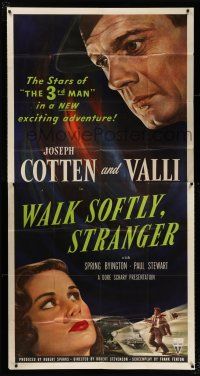 2j978 WALK SOFTLY STRANGER 3sh '50 art of Joseph Cotten & pretty Alida Valli, film noir!