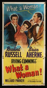 2j984 WHAT A WOMAN 3sh '43 Rosalind Russell, Brian Aherne, merriest man-hunt in kisstory!