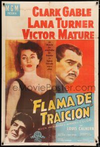 2j385 BETRAYED Argentinean '54 art of Clark Gable, Victor Mature & sexy brunette Lana Turner!