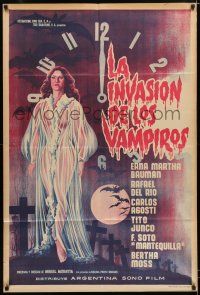 2j489 LA INVASION DE LOS VAMPIROS Argentinean '63 cool art of sexy vampire in see-through robe!