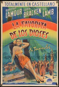 2j532 RAINBOW ISLAND Argentinean '44 art of super sexy Dorothy Lamour wearing sarong by palm tree!