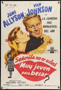 2j592 TOO YOUNG TO KISS Argentinean '51 great romantic close up art of Van Johnson & June Allyson!