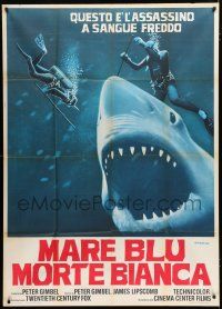 2j128 BLUE WATER, WHITE DEATH Italian 1p '71 art of blue shark & divers by Fiorenzi!