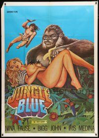 2j230 JUNGLE BLUE Italian 1p '78 art of John Holmes in ape suit giving banana to sexy naked woman!