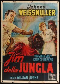 2j231 JUNGLE JIM Italian 1p '50s Ballester art of Weissmuller saving Virginia Grey from natives!
