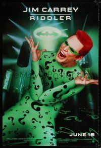 2m078 BATMAN FOREVER advance 1sh '95 cool image of Jim Carrey as The Riddler!