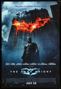 2m189 DARK KNIGHT int'l advance DS 1sh '08 Christian Bale as Batman in front of flaming building!