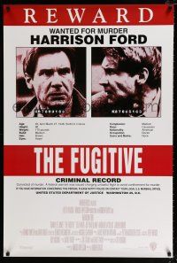 2m282 FUGITIVE int'l 1sh '93 Harrison Ford is on the run, cool rare recalled wanted poster!