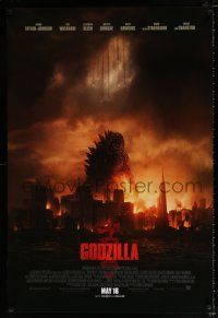 2m303 GODZILLA int'l advance DS 1sh '14 Bryan Cranston, cool image of monster & burning city!