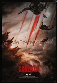 2m304 GODZILLA teaser DS 1sh '14 image of soldiers parachuting over monster & burning city!