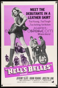 2m345 HELL'S BELLES int'l 1sh '69 sexy too young too tough biker babe in leather skirt!