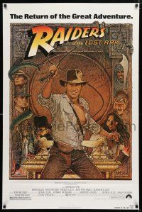 2m624 RAIDERS OF THE LOST ARK 1sh R82 great art of adventurer Harrison Ford by Richard Amsel!