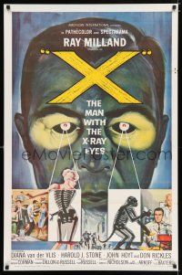 2m851 X: THE MAN WITH THE X-RAY EYES 1sh '63 Ray Milland strips souls & bodies, cool sci-fi art!