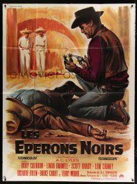 2p467 BLACK SPURS French 1p '65 different art of cowboy Rory Calhoun & dead guy by Boris Grinsson!