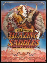 2p470 BLAZING SADDLES French 1p '74 classic Mel Brooks western, art of Cleavon Little on horse!