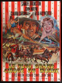 2p518 CIRCUS WORLD French 1p '65 best art of Claudia Cardinale & John Wayne by Jean Mascii!