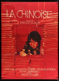 2p718 LA CHINOISE French 1p '67 Jean-Luc Godard, close up of Juliet Berto pointing gun!