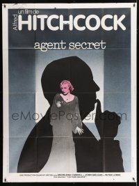 2p889 SECRET AGENT French 1p R70s Hitchcock silhouette, sexy Madeleine Carroll pointing gun!