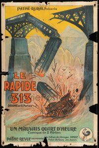 2p392 LE RAPIDE 313 French 31x47 '30s wild disaster art of train falling from collapsed bridge!