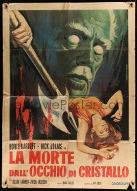2p177 DIE, MONSTER, DIE Italian 1p '71 cool Piovano art of Boris Karloff + axe & female victim!