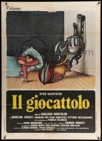 2p219 DANGEROUS TOY Italian 1p '79 wacky art of man sleeping with giant revolver by his bed!