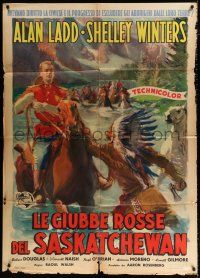 2p282 SASKATCHEWAN Italian 1p '54 different art of Mountie Alan Ladd on horse w/ Native American!