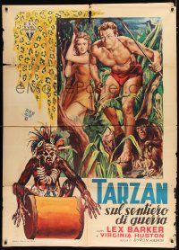 2p305 TARZAN'S PERIL Italian 1p '55 different art of Lex Barker, Virginia Huston & native man!