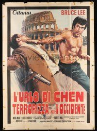 2p095 RETURN OF THE DRAGON Italian 2p '73 Ciriello art of Bruce Lee attacking guy by Coliseum!