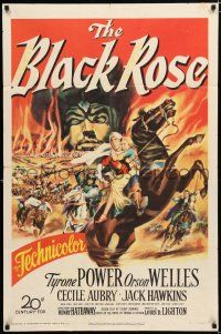 2t093 BLACK ROSE 1sh '50 great fiery action artwork of Tyrone Power & Orson Welles!