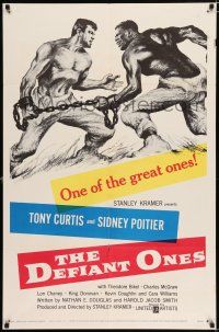 2t189 DEFIANT ONES 1sh '58 art of escaped cons Tony Curtis & Sidney Poitier chained together!
