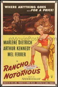 2t709 RANCHO NOTORIOUS 1sh '52 Fritz Lang, art of sexy Marlene Dietrich showing her legs!
