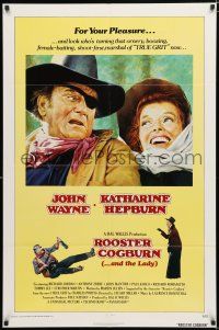 2t736 ROOSTER COGBURN int'l 1sh '75 great art of John Wayne & Katharine Hepburn!